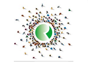 Die Postkarte Mitglied werden zeigt illustrierte Menschen, die auf das Logo der Deutschen Rheuma-Liga zulaufen.