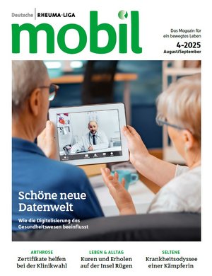 Titelbild der Zeitschrift mobil "Schöne neue Welt": Ein Paar macht einen Videocall mit einem Arzt