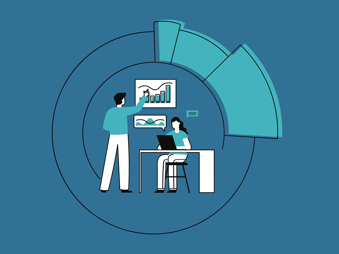 Forschung: Ein Mann zeigt Daten auf einem Bildschirm, eine Frau sitzt am Laptop.