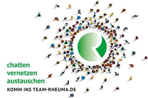 Illustration: stilisierte Figuren, die auf das grüne Logo der Rheuma-Liga zulaufen; im Vordergrund angedeutet die Schlagworte der Plattform „Team Rheuma“: "Chatten, vernetzen, austauschen".