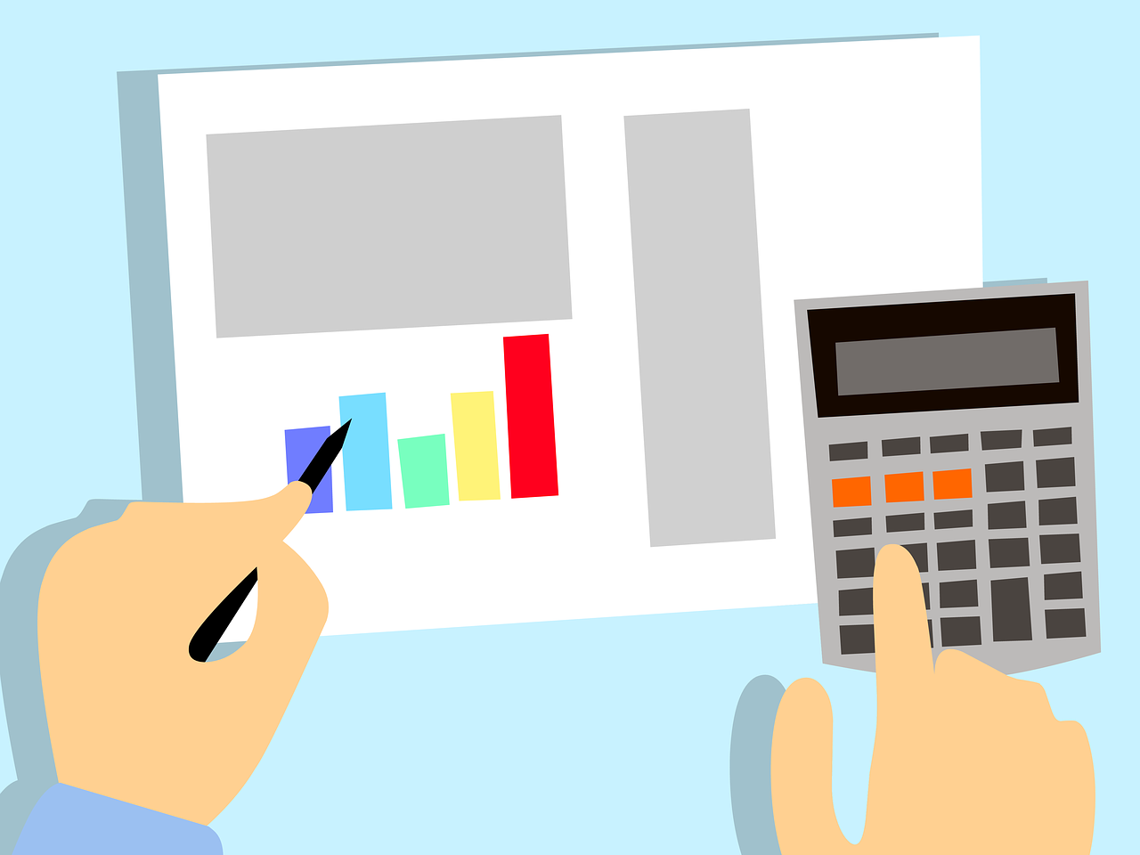 Die Illustration zeigt ein Blatt mit einem Stabdiagramm. Zusätzlich sind zwei Hände zu sehen, eine hält einen Stift. Daneben ist noch ein Taschenrechner zu sehen.
