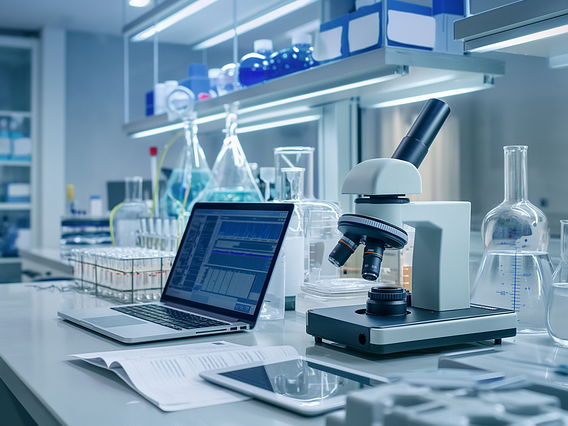Ein Laptop steht in einem Labor neben einem Mikroskop.